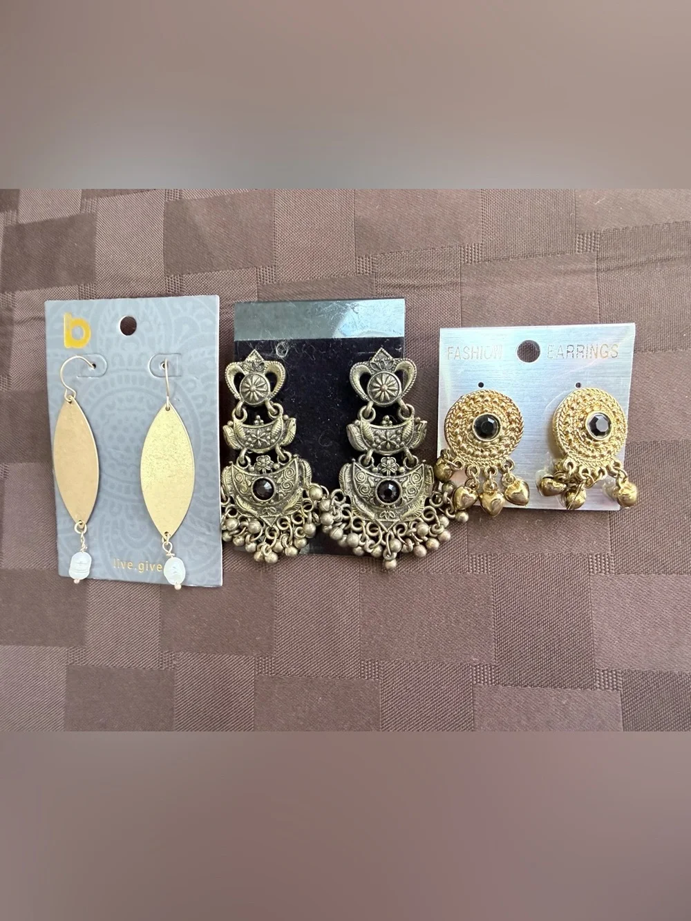 Boho Statement Earring Lot - 3 Pairs (Chandelier, Jhumka, Leaf Dangle)